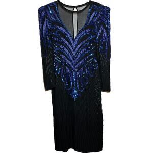 Vintage A.J. Bari Dress Sequin Beaded Evening 80s Slit Zip Closure Blue Black 6